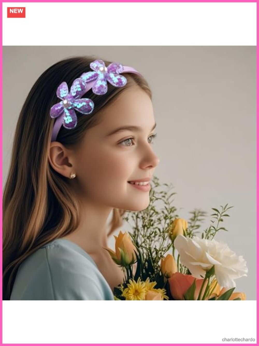 Flower Headband Purple Glitter Floral Hair Hoop Spring Summer Headpiece - Picture 6 of 6